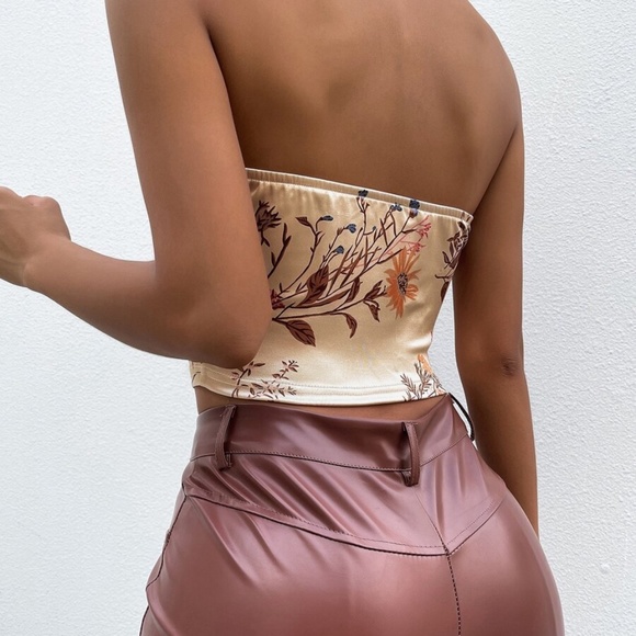 Boho Floral Print  Satin Corset Crop Top Sexy Party - Picture 5 of 11